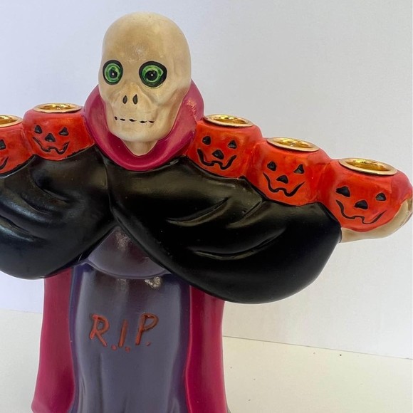 Russ Berrie 7.5” Pumpkin Skeleton Head Candleabra Decoration Vintage 70’s - Picture 3 of 8